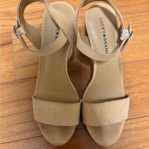 Lucky Brand Tan Suede Block Heel Sandals with Ankle Strap